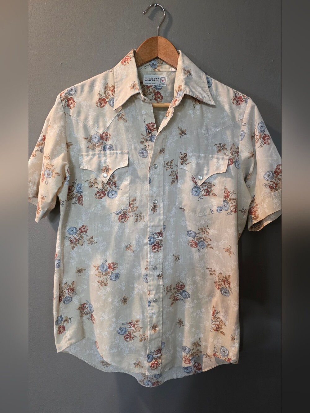 Vintage Sheplers Floral Print Short Sleeve Pearl Snap Ranchy Button Up Mens M